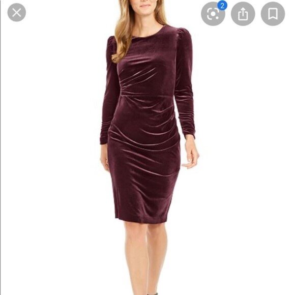 Calvin Klein Velvet Puff Sleeve Ruched Dress - Picture 1 of 3